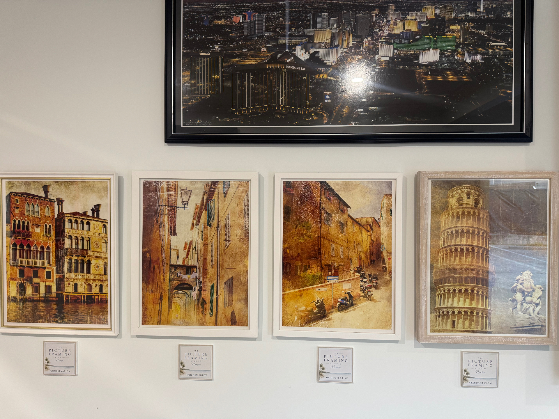 Framed prints showing glass and framing options